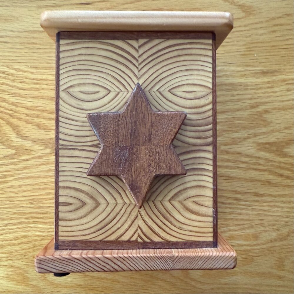 Tzedaka Charity Box Hand Crafted Unique Cross Grain Star of David Judaica